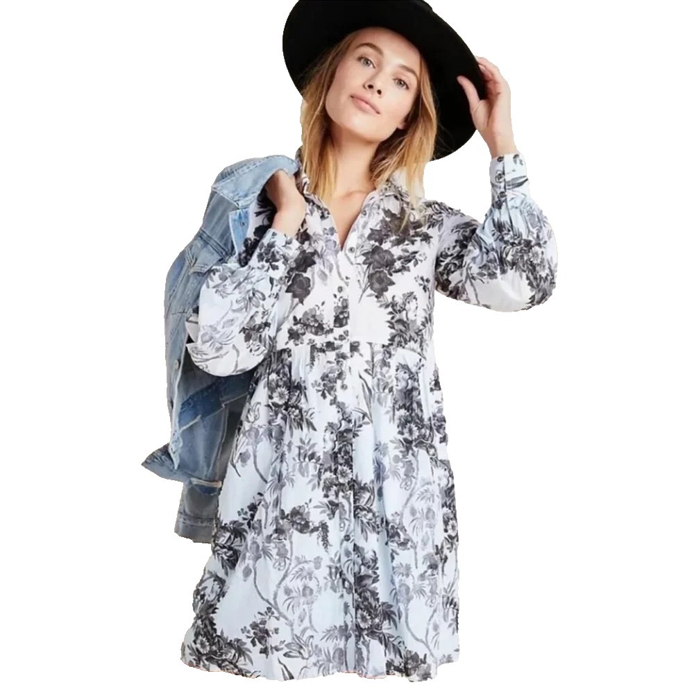 Anthropologie Floral Shirt Dress Women's 8 Ombre Embroidered Babydoll Mini